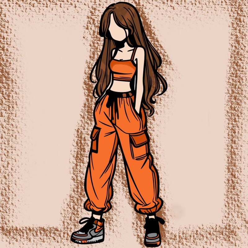 girl in baggy pants crop top and long hair