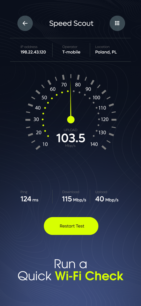 Doctor Shield: Security Boost - Doctor Shield app Speed Scout screen showing a Wi-Fi speed test with download and upload metrics
