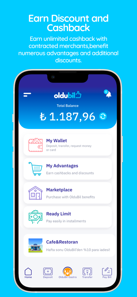 OlduBil - OlduBil mobile app dashboard displaying Turkish Lira balance and financial service icons