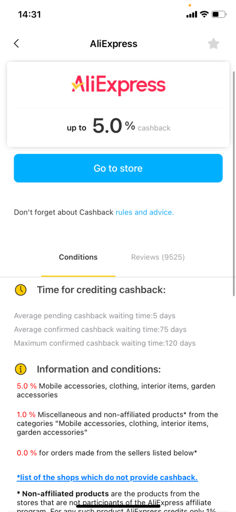 LetyShops app interface showing AliExpress cashback rates and terms.