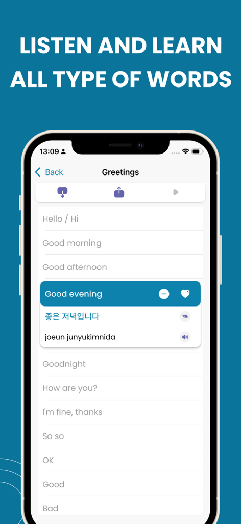 Learn Korean - Phrasebook - A smartphone screen displaying Korean greeting phrases with translations and audio options