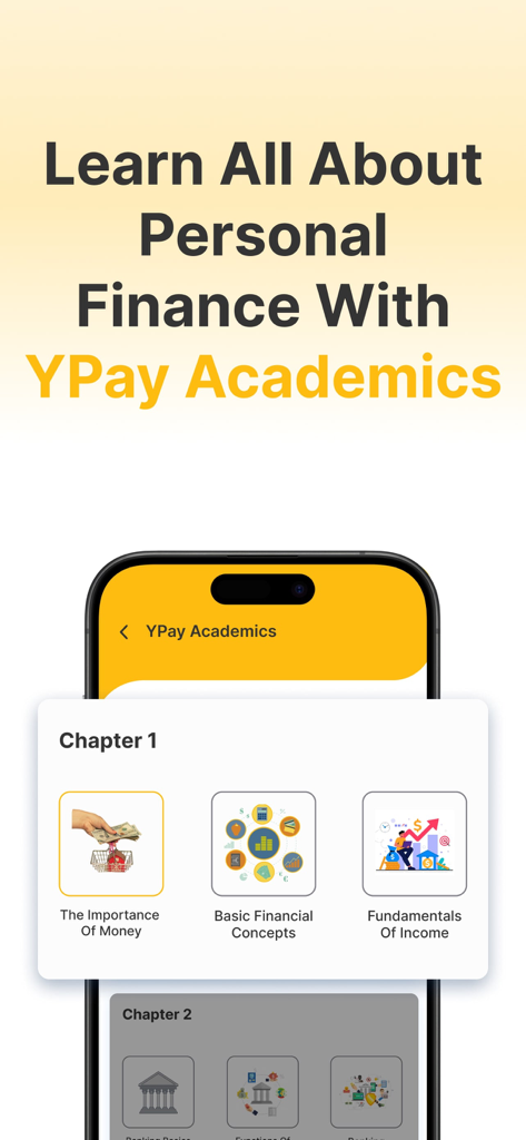 YPay: Card & Payments - YPay Academics interface showing personal finance lessons for teenagers including money importance and basic financial concepts