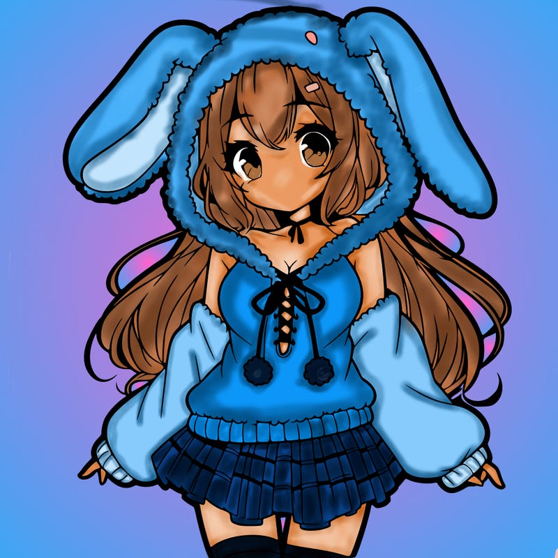 pretty anime girl wearing a fluffy hoodie with bunny ears on the hood and a skirt