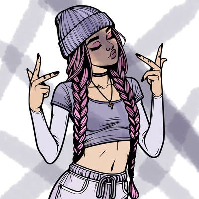 realistic teenage girl with braids and a beanie and crop top doing 🫶🏼