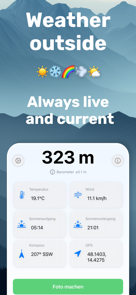 Altimeter Photo, GPS & Compass - Panel de la aplicación Altímetro mostrando altitud en vivo, condiciones meteorológicas, velocidad del viento y coordenadas GPS sobre un fondo de paisaje montañoso.