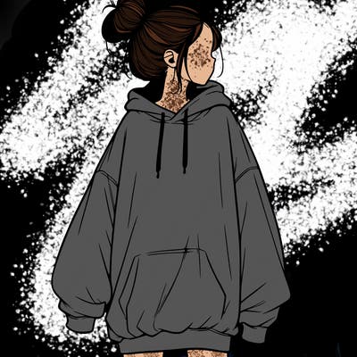 realistic girl with a oversized sweatshirt on and a bun