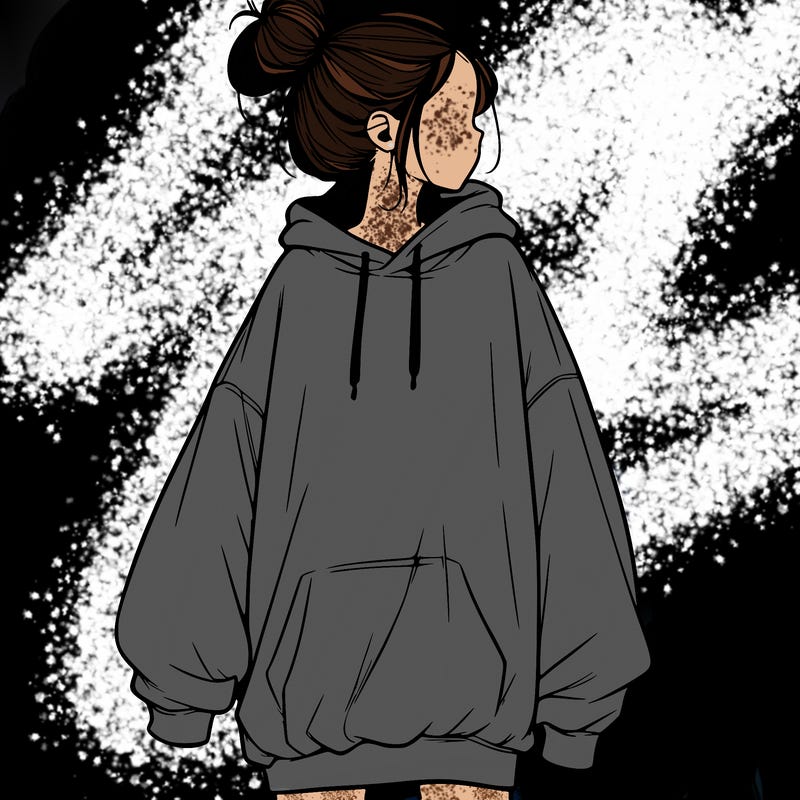 realistic girl with a oversized sweatshirt on and a bun