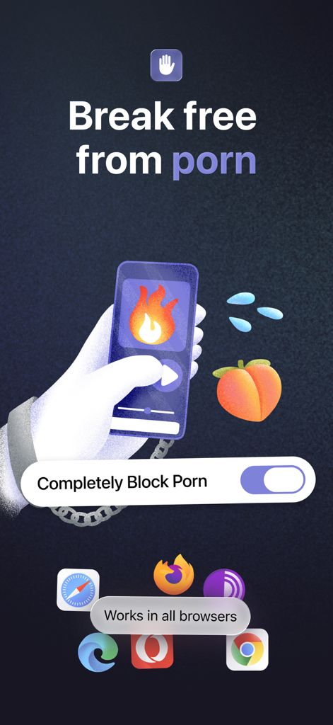 One sec app screen showing a toggle to block porn across multiple web browsers