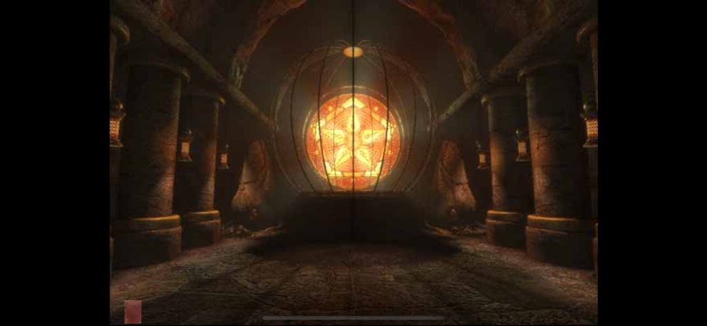 Riven (Legacy) for Mobile - Atmospheric stone temple chamber with a large glowing star window in Riven.