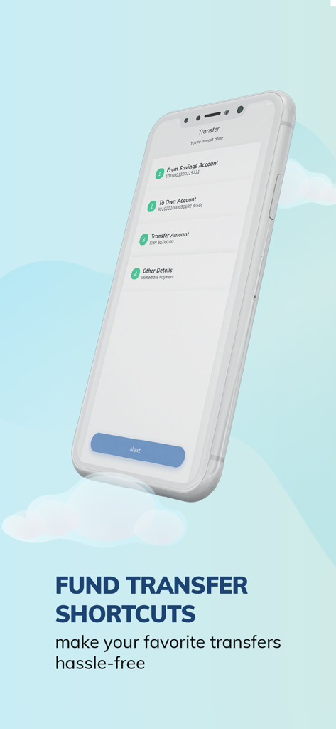 Hong Leong Connect Cambodia - Pantalla de smartphone que muestra los accesos directos de transferencia de fondos en la aplicación de banca móvil Hong Leong Connect Cambodia.