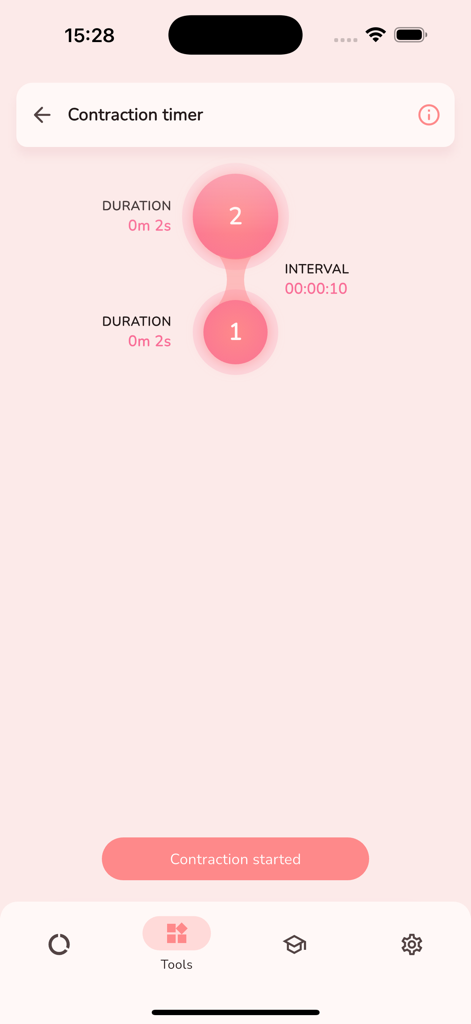 Contraction timer interface in the Mama Tracker pregnancy app