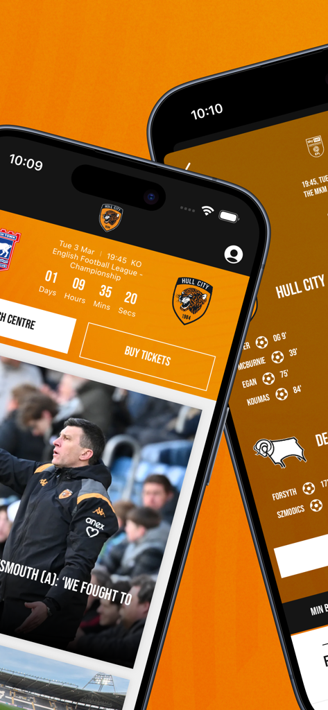 Hull City - Two smartphones displaying the Hull City football club app with match center and live scores