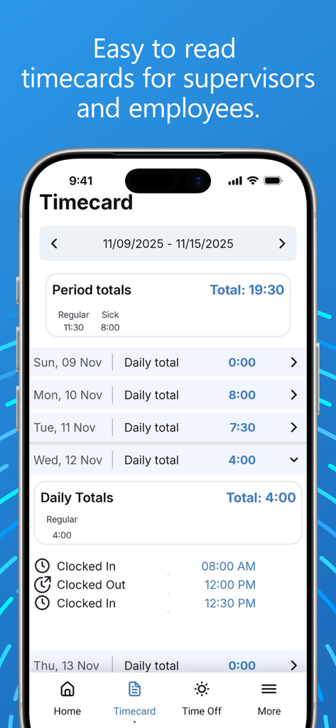 The PayClock app showing a weekly timecard summary with daily work hours and punch times