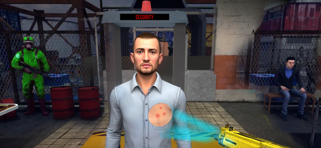 Zombie Virus Scan Zone Game - Gameplay screenshot of a security officer scanning a person for signs of a zombie virus infection in a simulation game