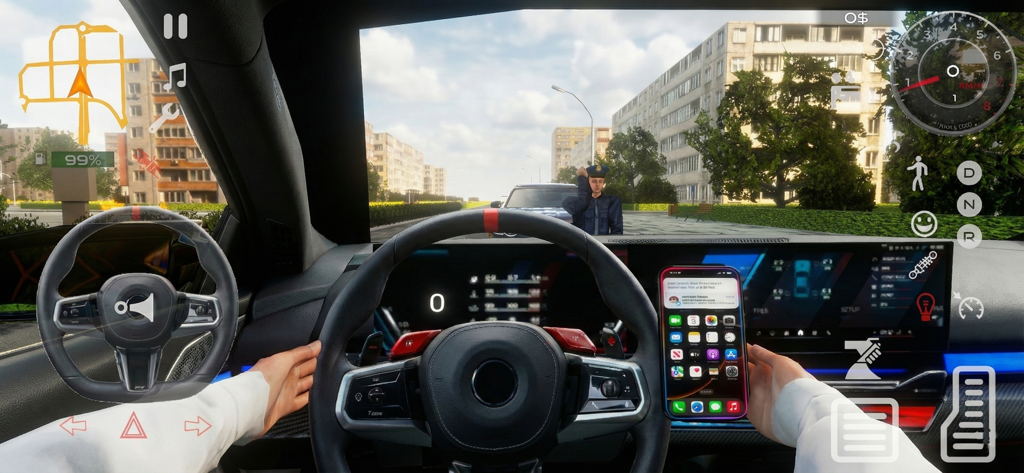 Realistic first person cockpit view of driving a car through a city in the simulation game
