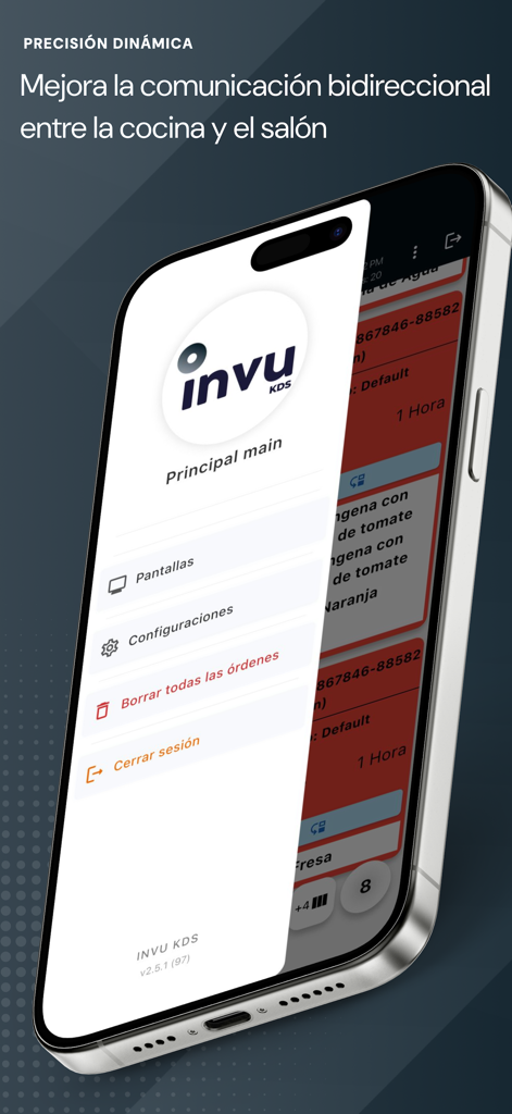 InvuKDS-App-Oberfläche, die das Hauptmenü für die Kommunikation zwischen Küche und Speisesaal anzeigt.