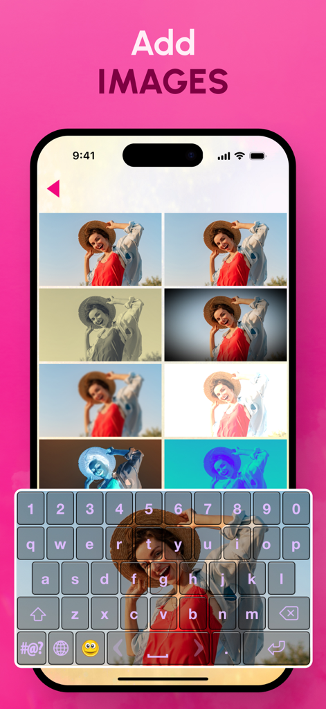 Photo Keyboard Theme Changer - Interfaccia iPhone che mostra filtri fotografici personalizzati per temi di tastiera