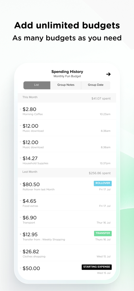 Pennies app spending history screen showing a list of daily transactions and budget transfers.