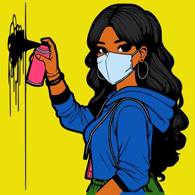 realistic girl with mask spray painting a wall