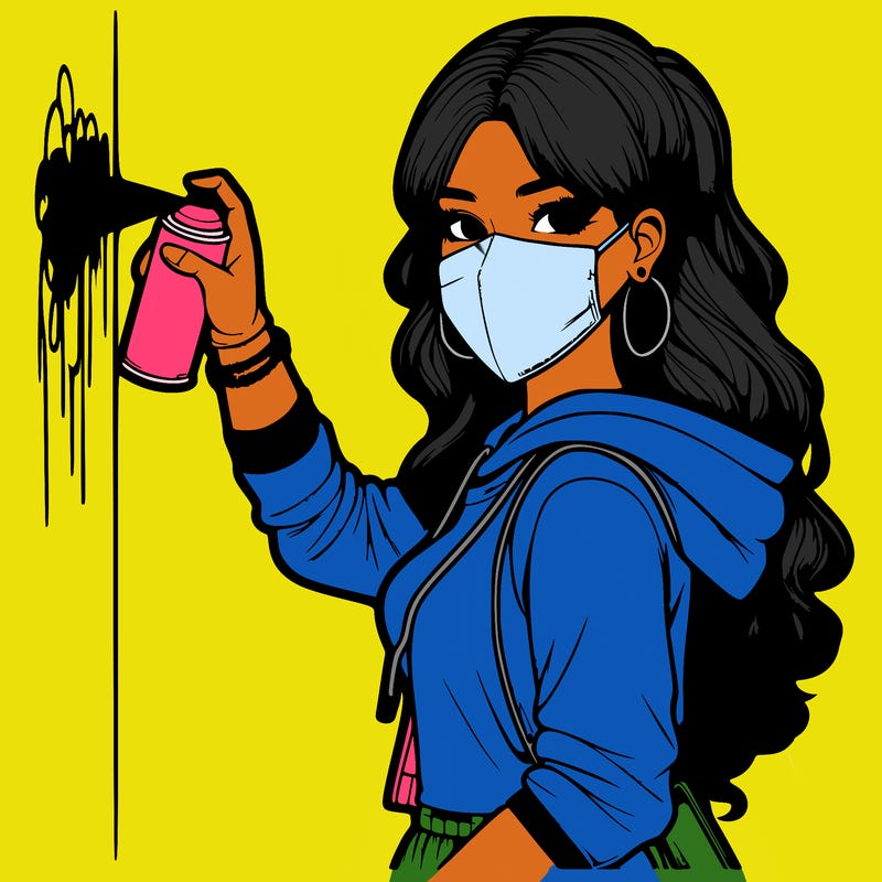 realistic girl with mask spray painting a wall