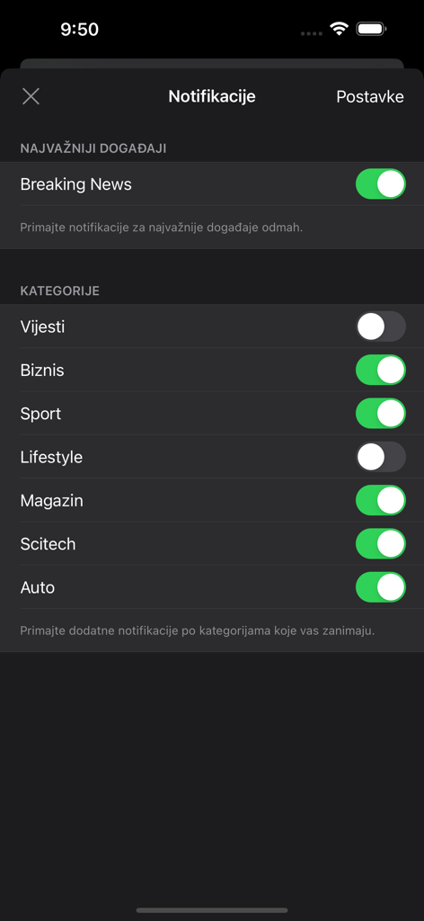 Pantalla de configuración de la aplicación Klix.ba mostrando preferencias de notificación para noticias de última hora y varias categorías en bosnio.