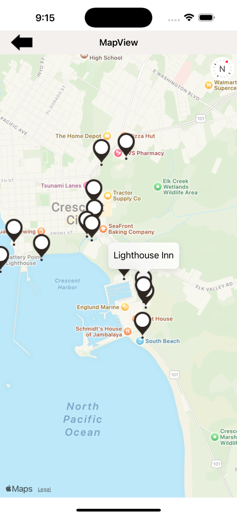 Redwood = National Park - Map view of Crescent City showing local points of interest and the Lighthouse Inn.