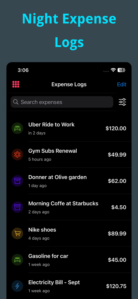 Expense Tracker New - Spendful - App Spendful mostrando una lista de gastos rastreados en interfaz de modo nocturno.