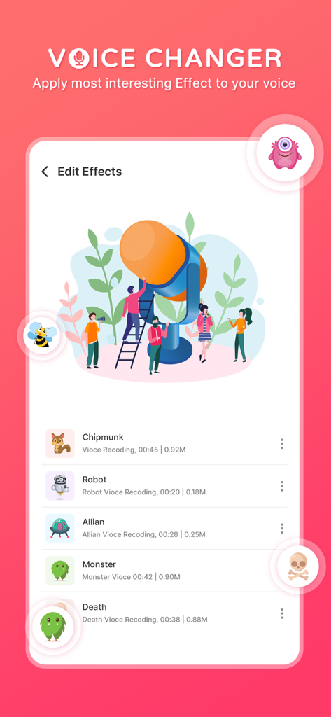 Voice Changer - Voice Effect - Voice Changer app interface showing a list of voice effects like Chipmunk Robot and Monster