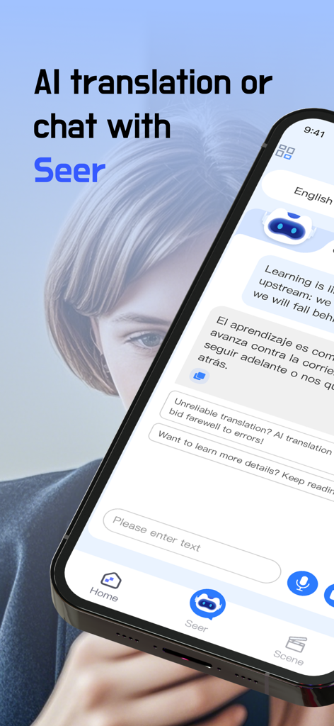 Seer Translator:AI Translation - Seer Translator mobile app interface showing an AI chat for translation and language learning