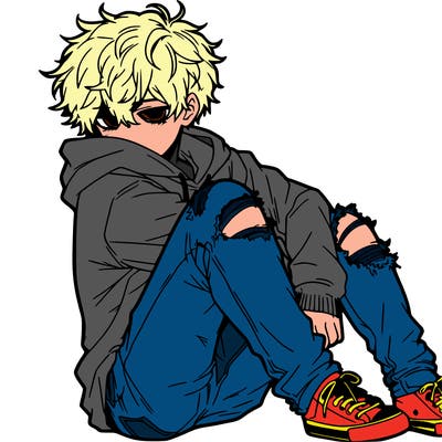 a male hoddie ripped jeans messy hair anime