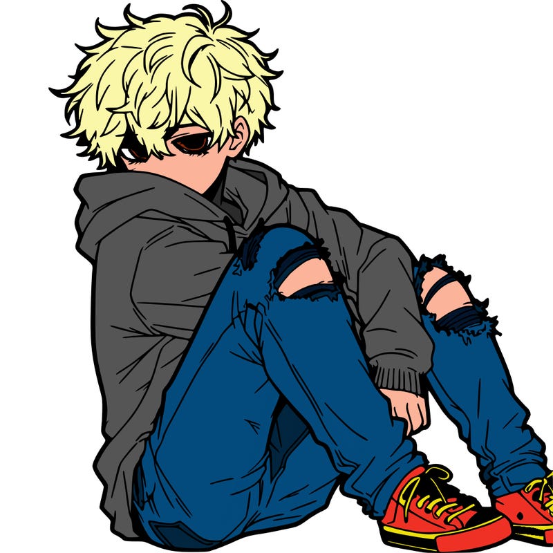 a male hoddie ripped jeans messy hair anime
