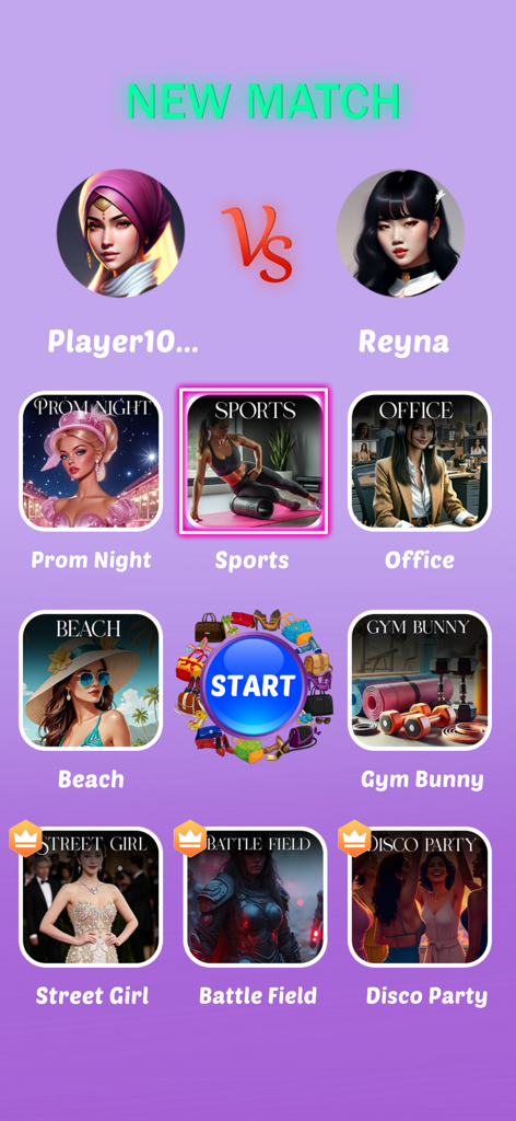 Style World: Fashion Dress up - Pantalla de selección de temas de batalla de moda en la aplicación Style World, incluyendo Deportes y Playa.