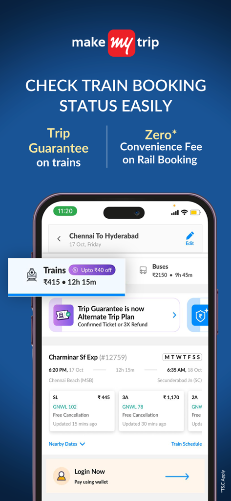 Tela do aplicativo MakeMyTrip mostrando opções de reserva de trem e status ao vivo para ferrovias indianas.