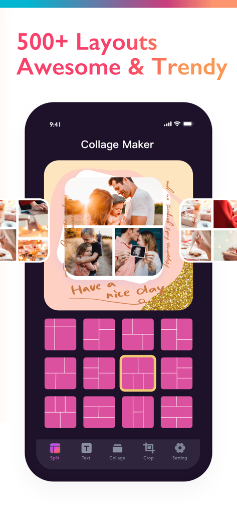 Photo Collage Maker：Pic Grid - Interfaz de la aplicación móvil Photo Collage Maker que muestra una variedad de diseños de cuadrícula rosas y un collage de fotos familiares personalizado