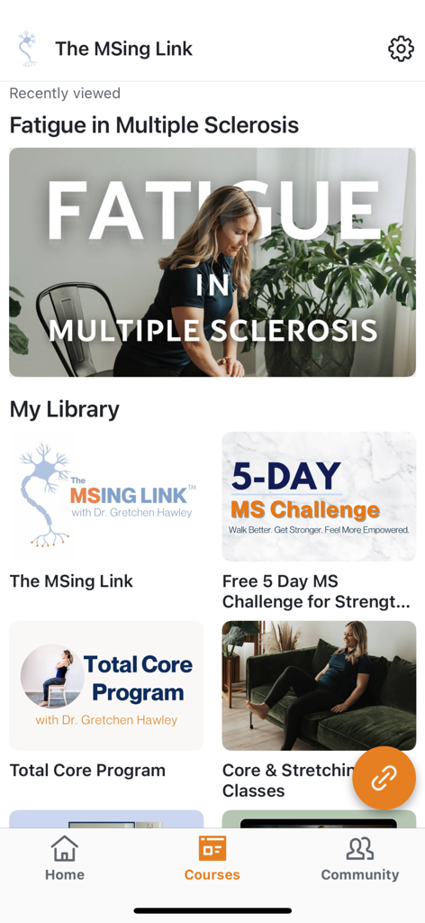 The MSing Link app library showing multiple sclerosis exercise challenges and programs