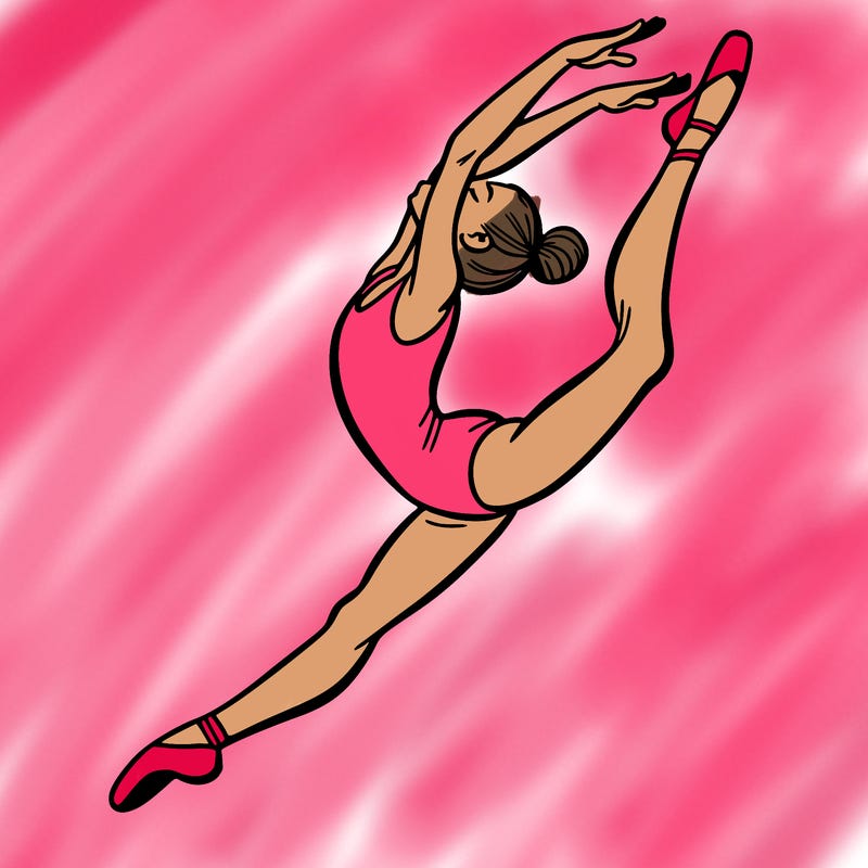 gymnast doing a leap in a leotard with a bent back leg