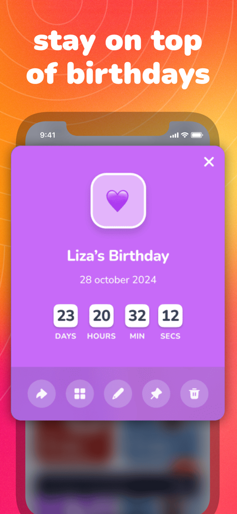 Countly: Countdown, Date Timer - A purple interface showing a birthday countdown with days, hours, and minutes in the Countly app.