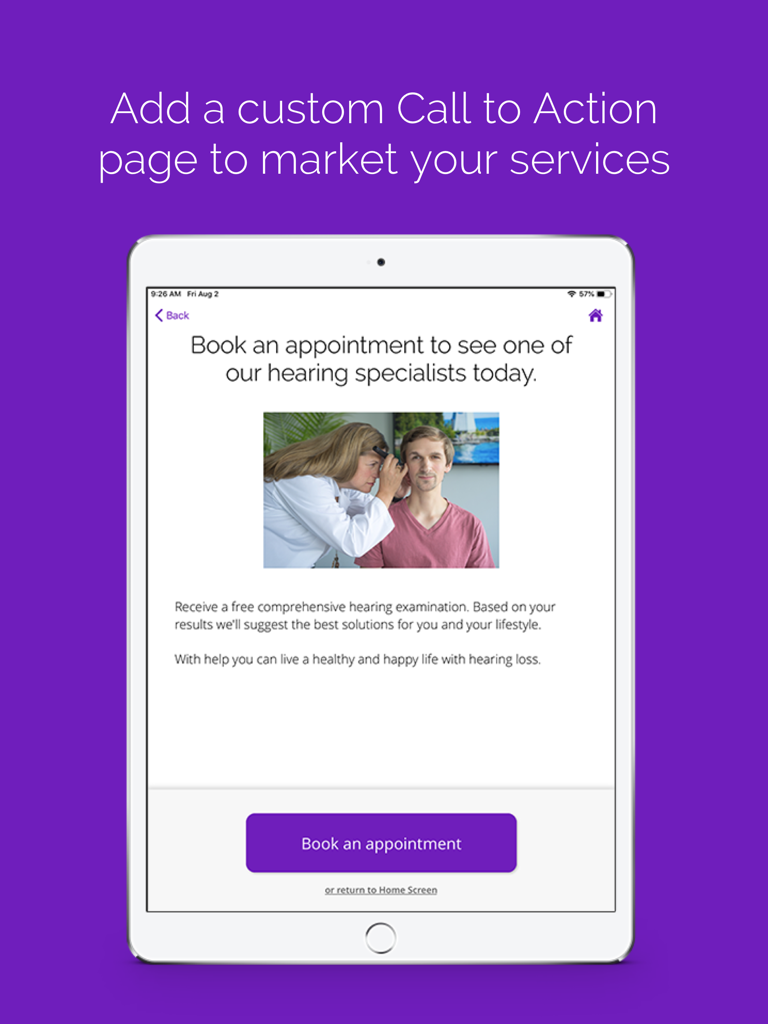 iPad screen displaying a customizable call to action page for booking a hearing specialist appointment