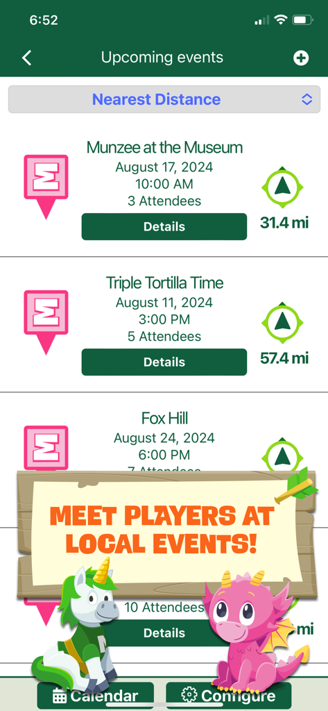 Munzee - Munzee app interface showing a list of upcoming local player events with distances