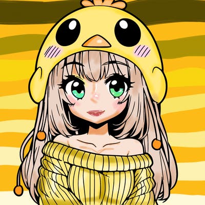 anime girl with chick shaped hat with sweater with bare shoulders with bangs covering them one eye with low tail