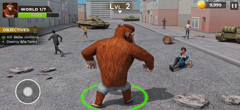 Eine Gorilla-Figur randaliert durch eine Stadtstraße mit Panzern und Zivilisten in einem Action-Simulationsspiel