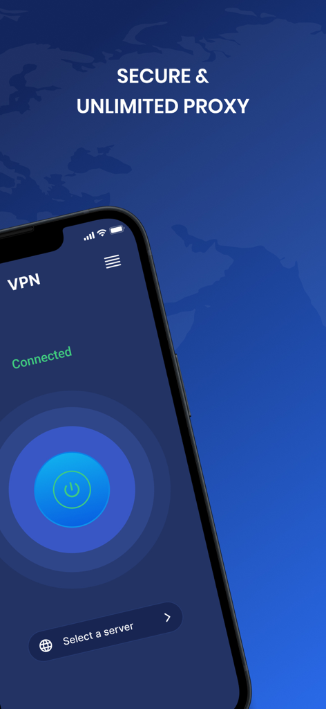 VPN Fast Smart & Secure Proxy - iPhone screen displaying the VPN Fast Smart and Secure Proxy app in a connected state with a large power button and secure proxy text