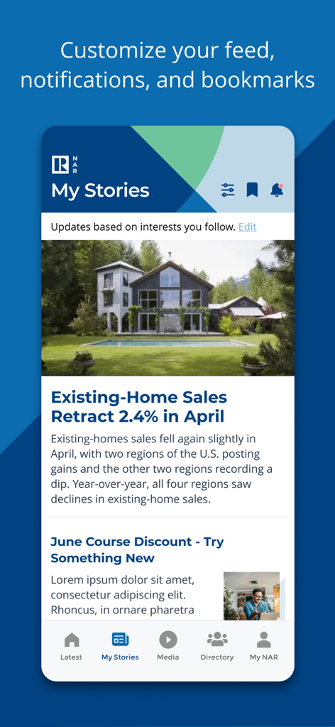 Captura de tela do aplicativo NAR Mobile mostrando um feed de notícias imobiliárias personalizado chamado Minhas Histórias com atualizações de mercado e tendências do setor.