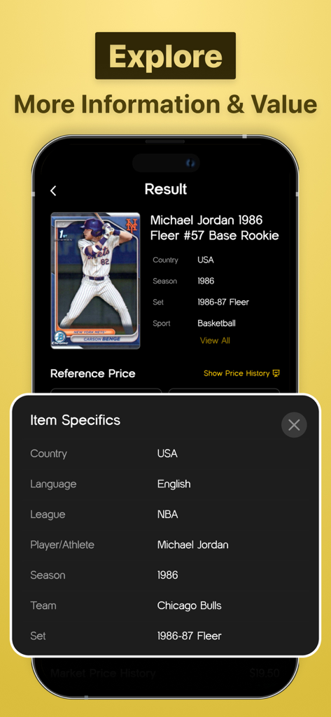 Sports Card Scanner Value - Aplicación escáner de tarjetas deportivas mostrando información detallada de la tarjeta y resultados de valor de mercado.