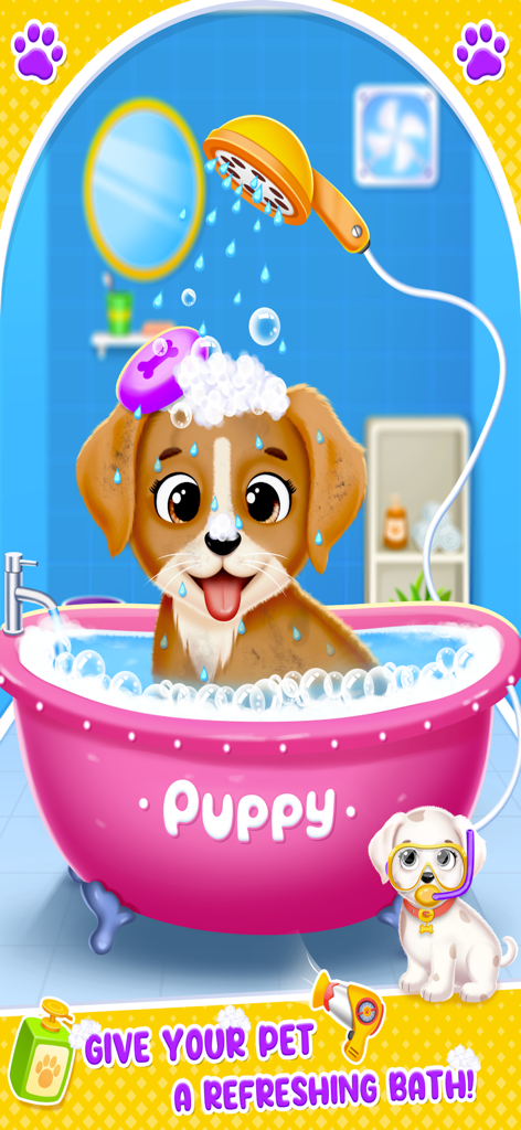 Labrador Puppy Care - Labrador puppy taking a bath in a pink tub