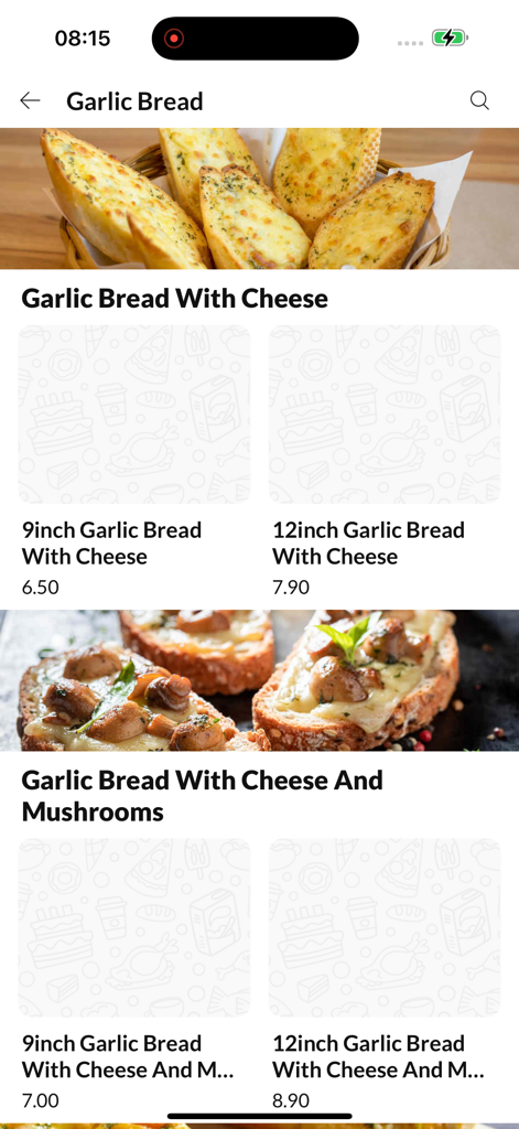Menu screen of the Crazy Fast Food app showing various garlic bread options with prices