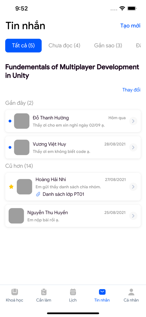 LMS Student - LMS Studentモバイルアプリケーション内の学生と教師間のアプリ内メッセージ画面。