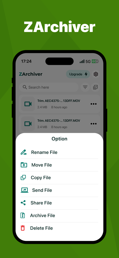 ZArchiver app interface showing file management options menu on an iPhone.