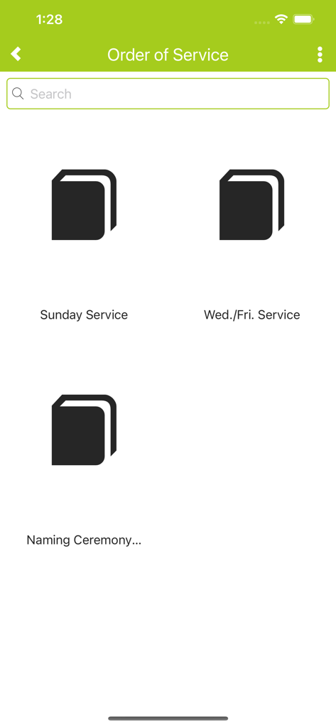 CCC HymnBook - Order of Service screen in the CCC HymnBook app showing liturgical categories for Sunday and weekday services