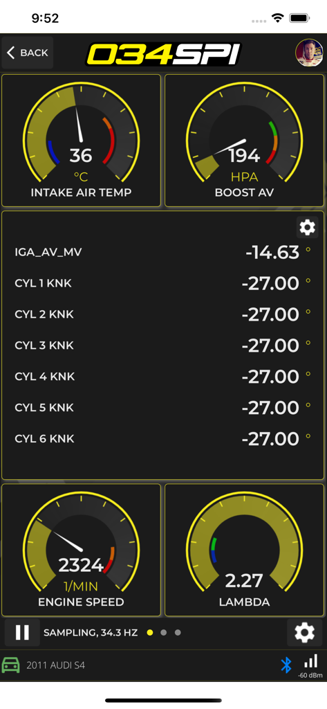 034SPI - Aplicación 034SPI mostrando indicadores de datos del motor en vivo y métricas de rendimiento para un Audi S4.